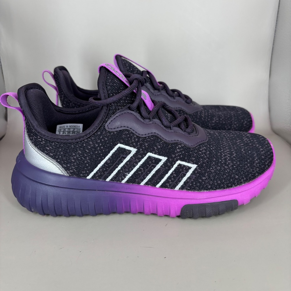 Adidas Cloudfoam Black Purple Silver Knit Running Shoes JR8092 Kids Size 3
